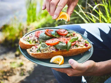 Mediterranean tuna open sandwiches with mayo and mustard
