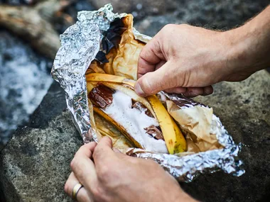 Gooey campfire baked chocolate and marshmallow bananas