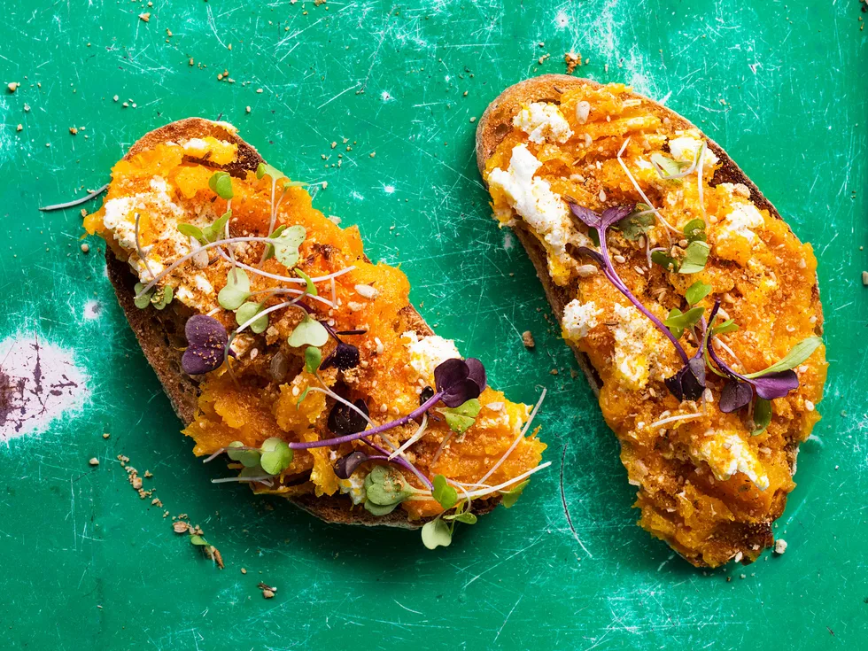 Roast pumpkin and goat’s cheese smash with sunflower-seed dukkah
