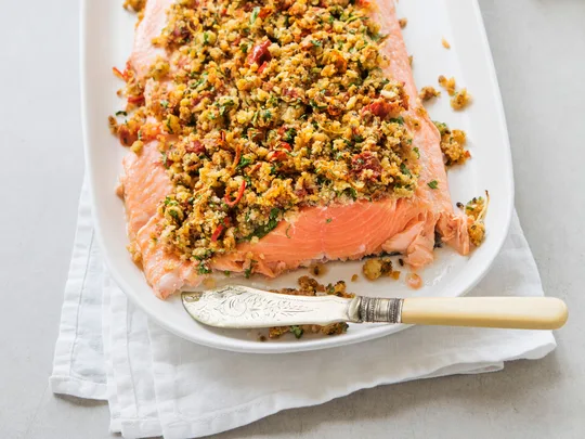 Sundried tomato, lemon and chilli-crusted salmon