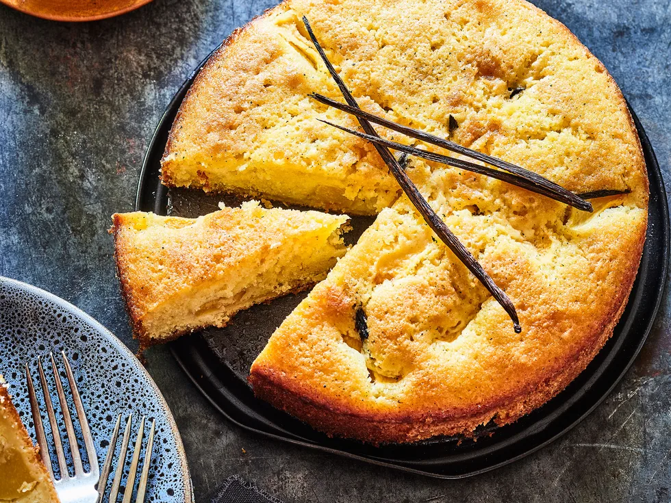 Peach cake with vanilla and rosemary syrup