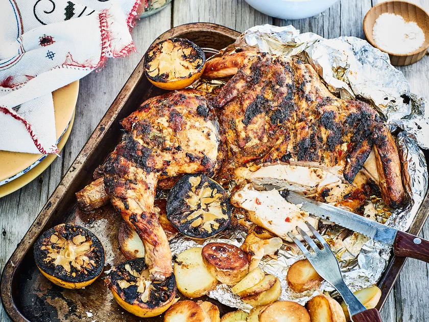 Portuguese-style barbecued chicken with lemon potatoes