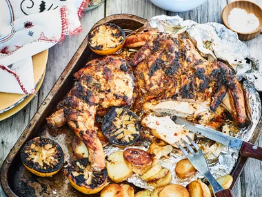 Spicy Portuguese-style barbecued chicken with lemon potatoes
