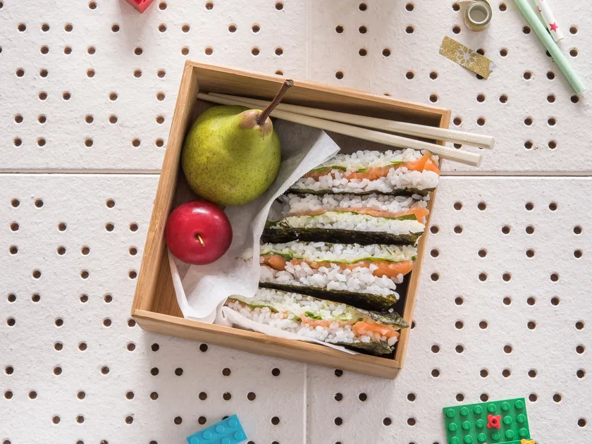 Smoked salmon and avocado sushi sandwiches