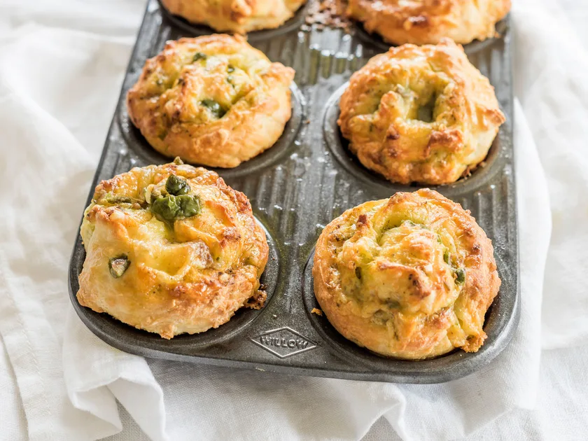 Easy olive and pesto pinwheel scones