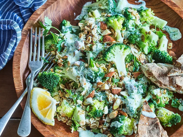 Broccoli, oats and almond salad with creamy charred lemon dressing