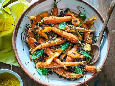 Roast carrot, burnt orange peel and lentils with orange mustard dressing