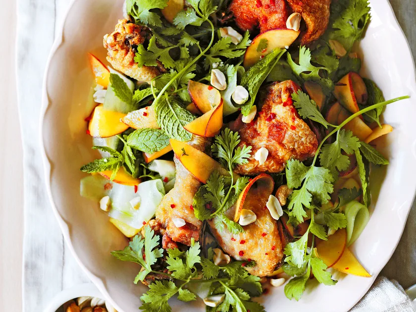 Crisp-skinned Vietnamese chicken and peach herb salad