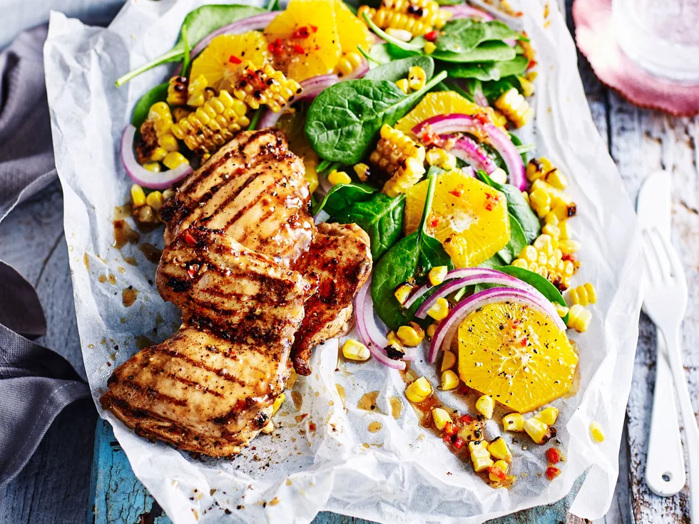 Portuguese-style barbecue chicken thighs with corn salad