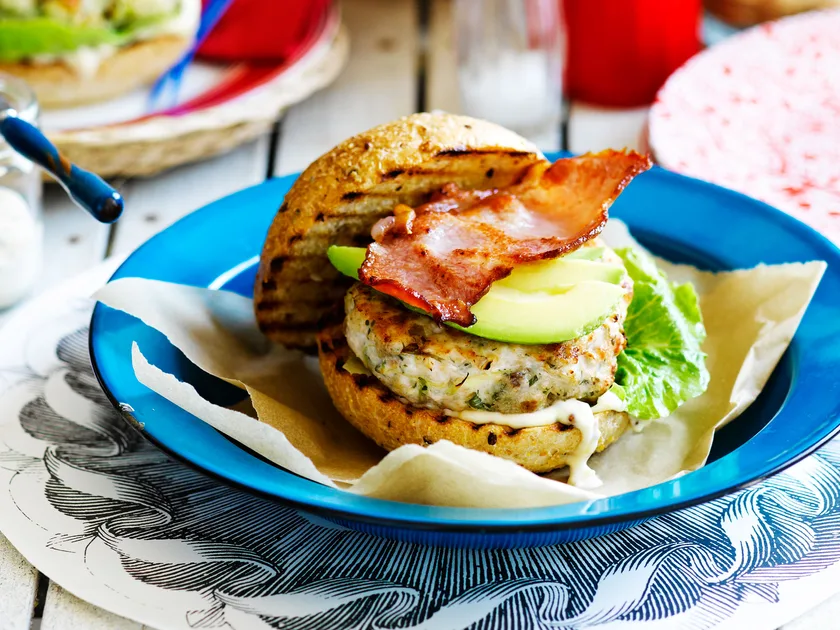 Chicken, avocado and bacon burgers with mustard garlic mayo