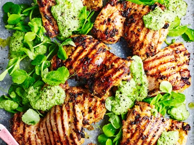 Barbecued chermoula chicken thighs with pea purée