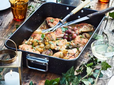 Wine-braised chicken, grapes, capers, lemon and parsley