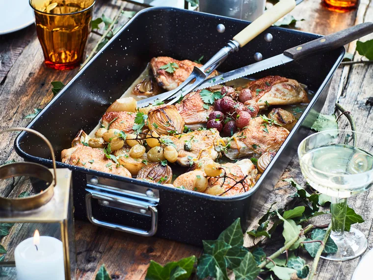 Wine-braised chicken, grapes, capers, lemon and parsley