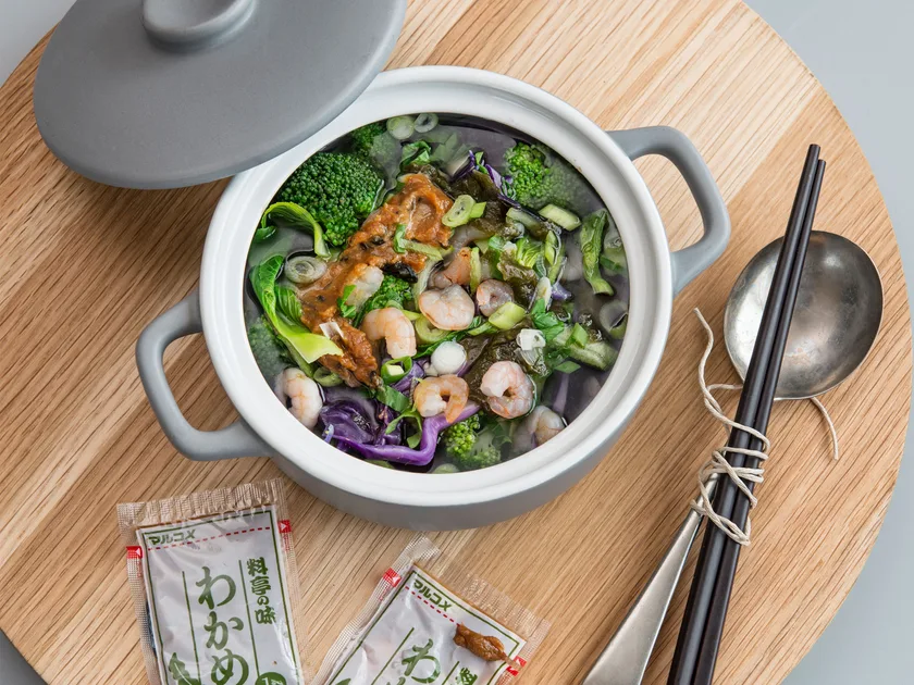 Make-ahead miso bowl with broccoli, bok choy and prawns