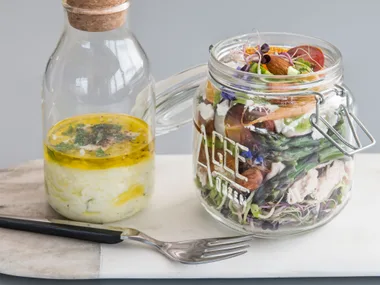 Spring salad in a jar with yoghurt mint dressing