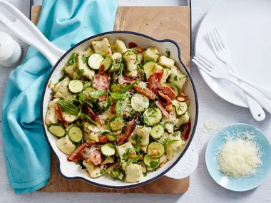 Gnocchi with courgette, almond, mint and bacon