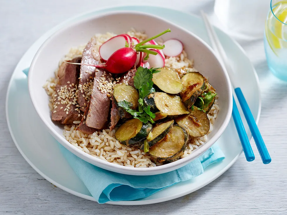 Miso-marinated beef and courgette brown rice bowl