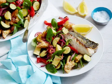 Fish with courgette and capsicum panzanella salad