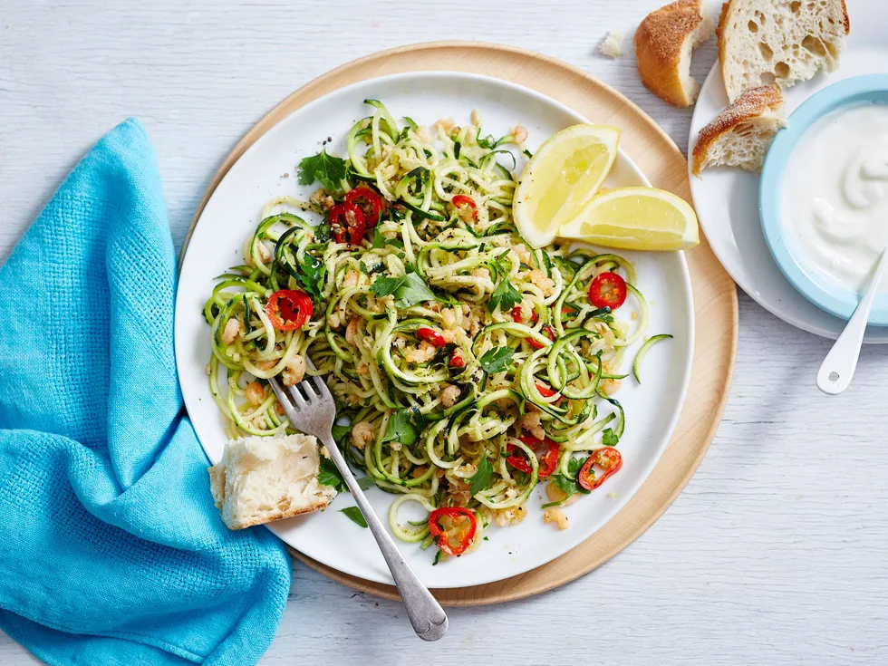 Zoodles (zucchini noodles) with garlic, chilli and seafood