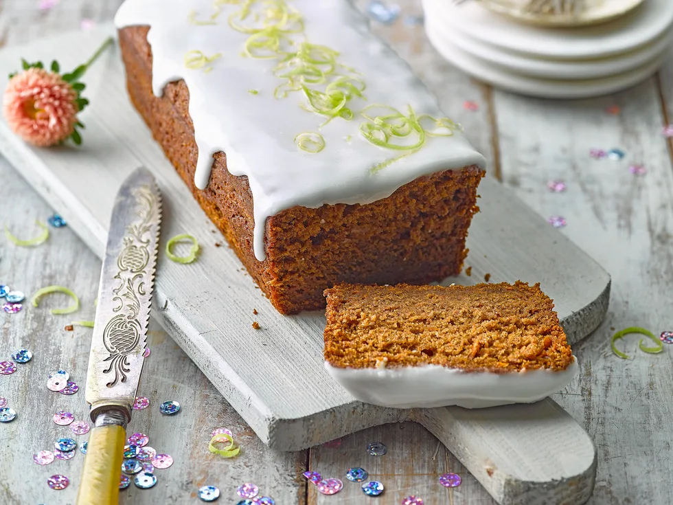 Carrot, ginger and golden syrup loaf with lime glaze