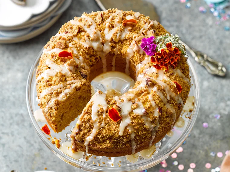 Spiced pumpkin streusel cake with maple drizzle