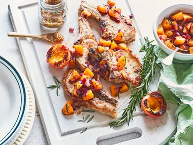 Pork chops with peach and rosemary sauce