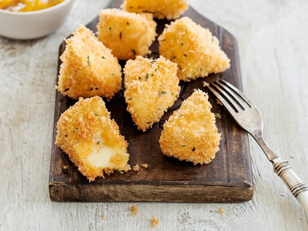 Golden fried brie cheese with quick peach chutney