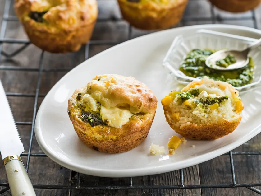 Little pesto, corn and cream cheese muffin puffs