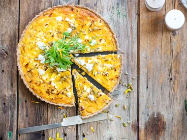 Sweet corn tart with caramelised onion and caraway