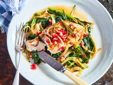 One-pot chicken with rosemary, spinach and pomegranate