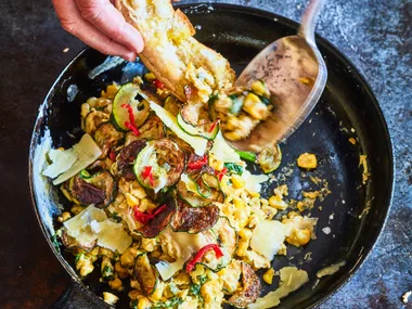 Eggs, corn and fried courgettes