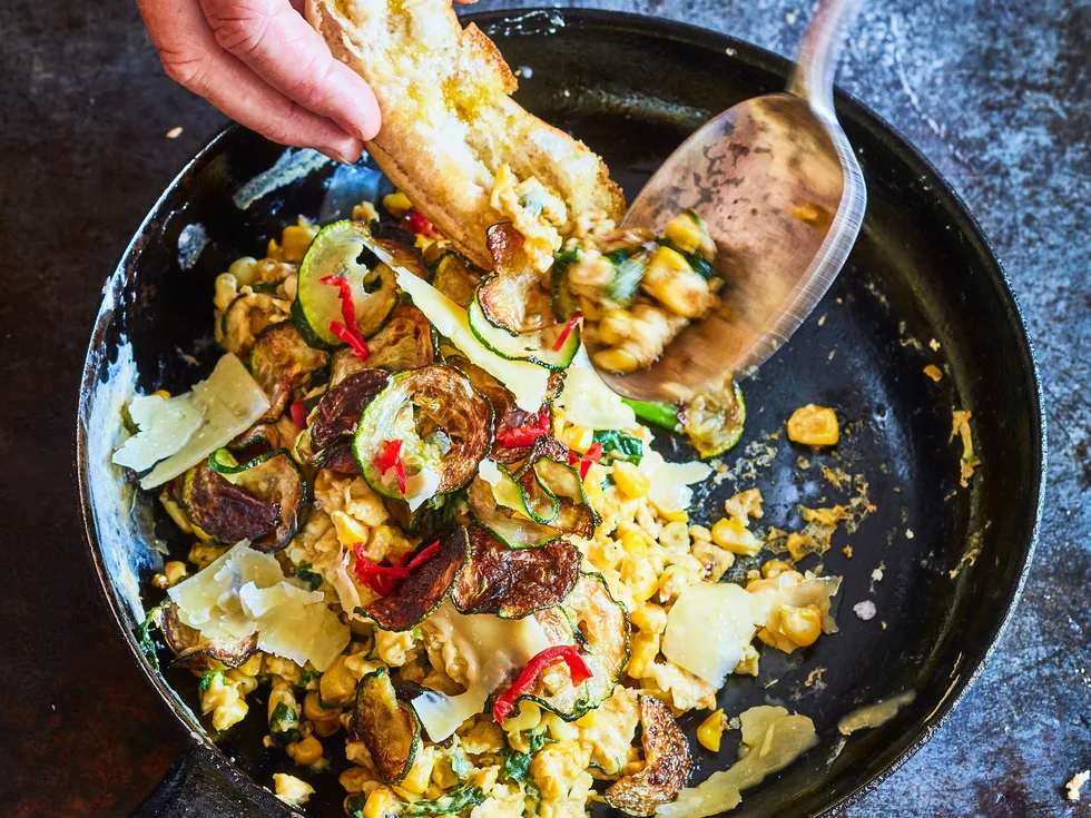 Eggs, corn and fried courgettes