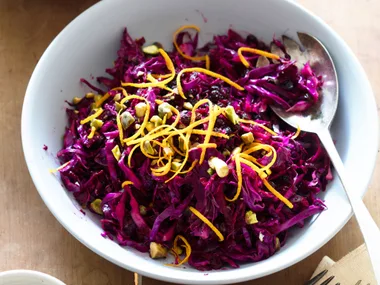 Red cabbage and beetroot salad with orange and currants