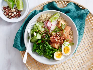 Salmon, miso and ginger poke bowl with quick pickle