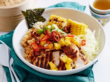 Charred chicken poke bowl with mango, corn and cashews