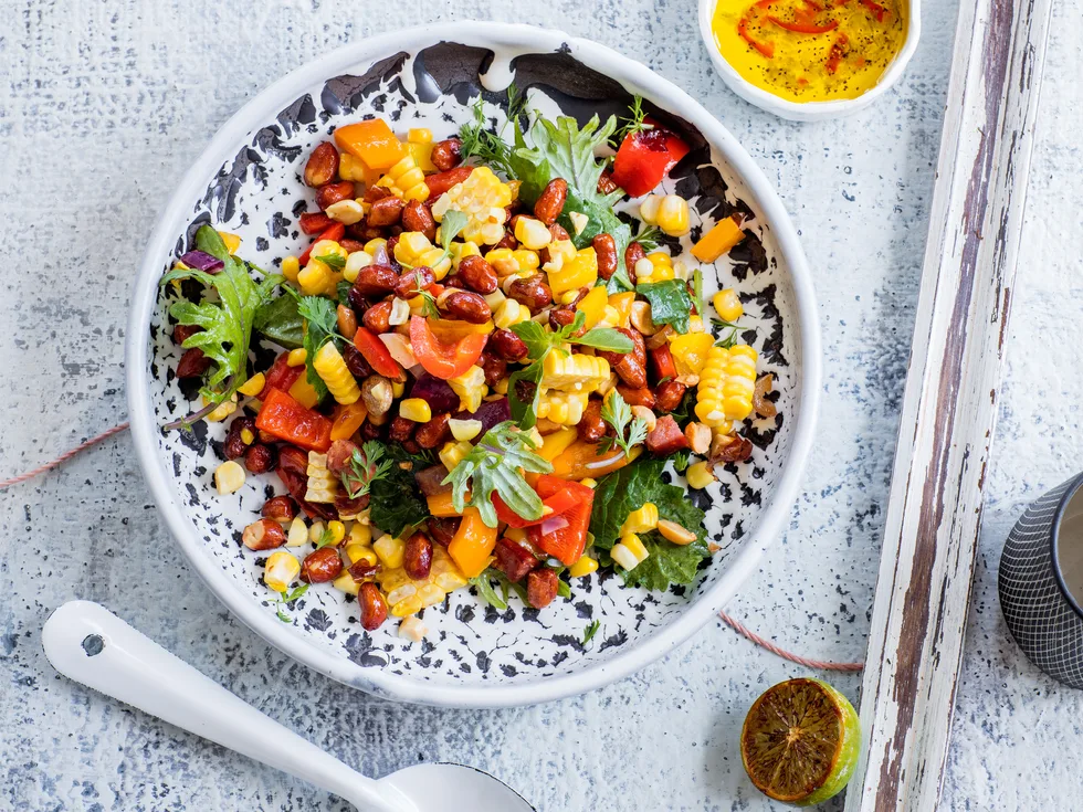 Mexican-style roasted peanut and sweet corn salad