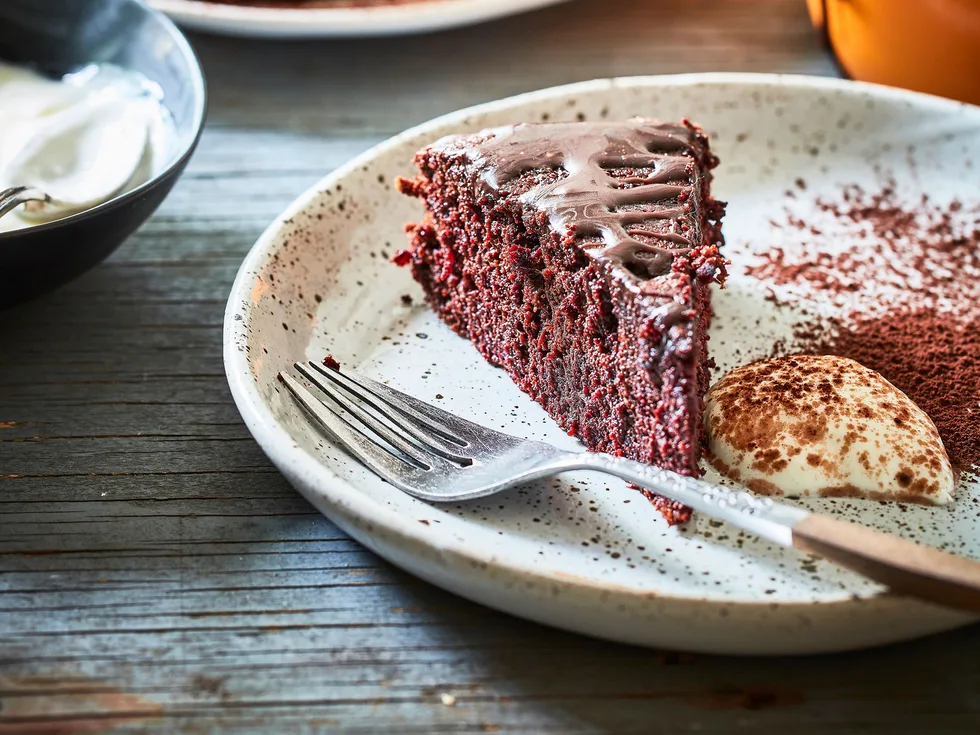 Gluten-free beetroot cake with chocolate drizzle