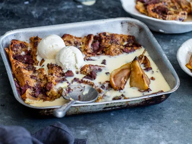Chocolate hot cross bun and butter pudding