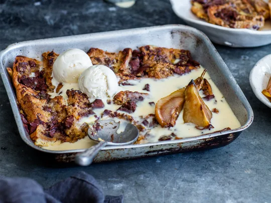 Easter hot cross bun pudding with chocolate and pears