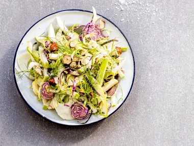 Brussels sprout slaw with apple, fennel and hazelnuts