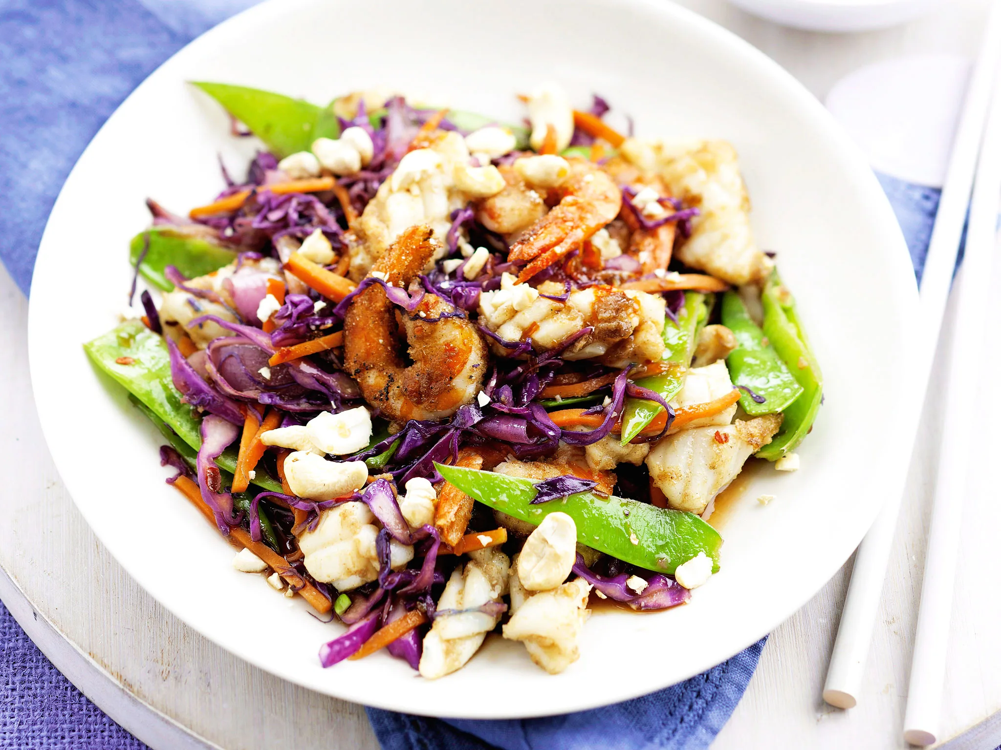 Crispy seafood, vegetable and cashew stir-fry