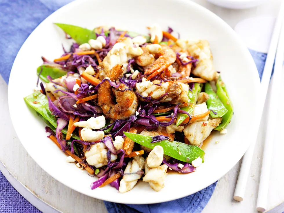 Crispy seafood, vegetable and cashew stir-fry