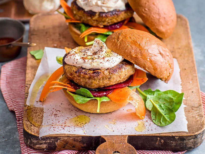 Vegetarian lentil and chickpea burgers with tahini sauce
