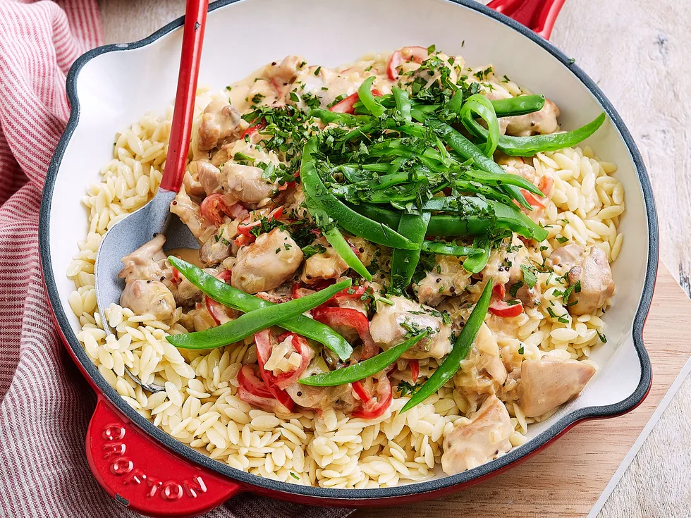 Honey mustard chicken thighs with orzo pasta