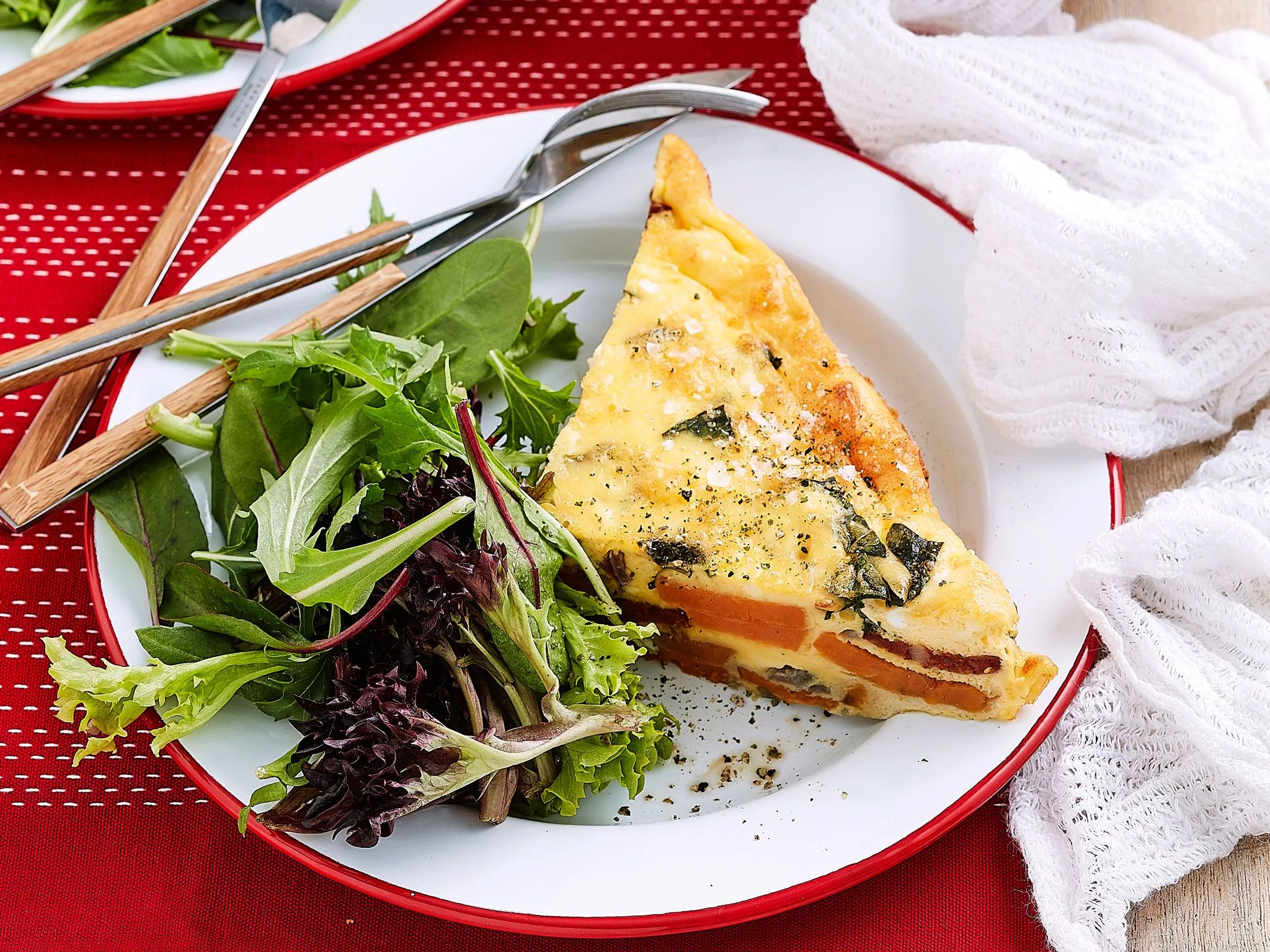 Oven-baked frittata with roasted kumara, chorizo and feta