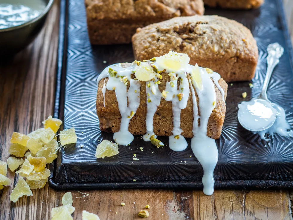 Feijoa, ginger and nut mini loaves with lemony icing