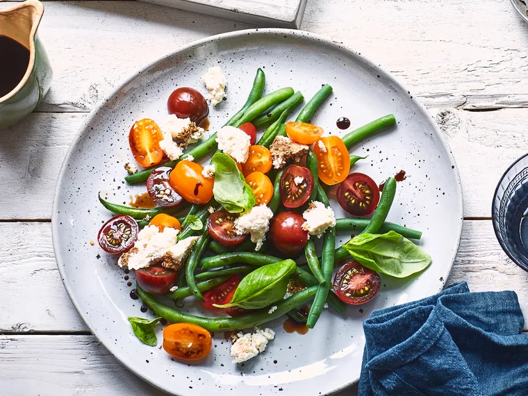 Tomato, green bean, ricotta and basil salad with balsamic glaze