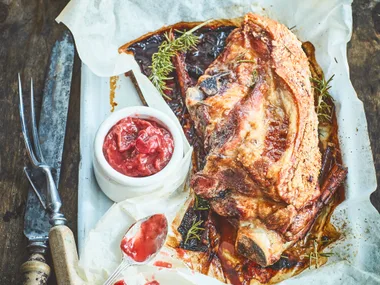 Seasoned roast pork shoulder with spiced rhubarb relish