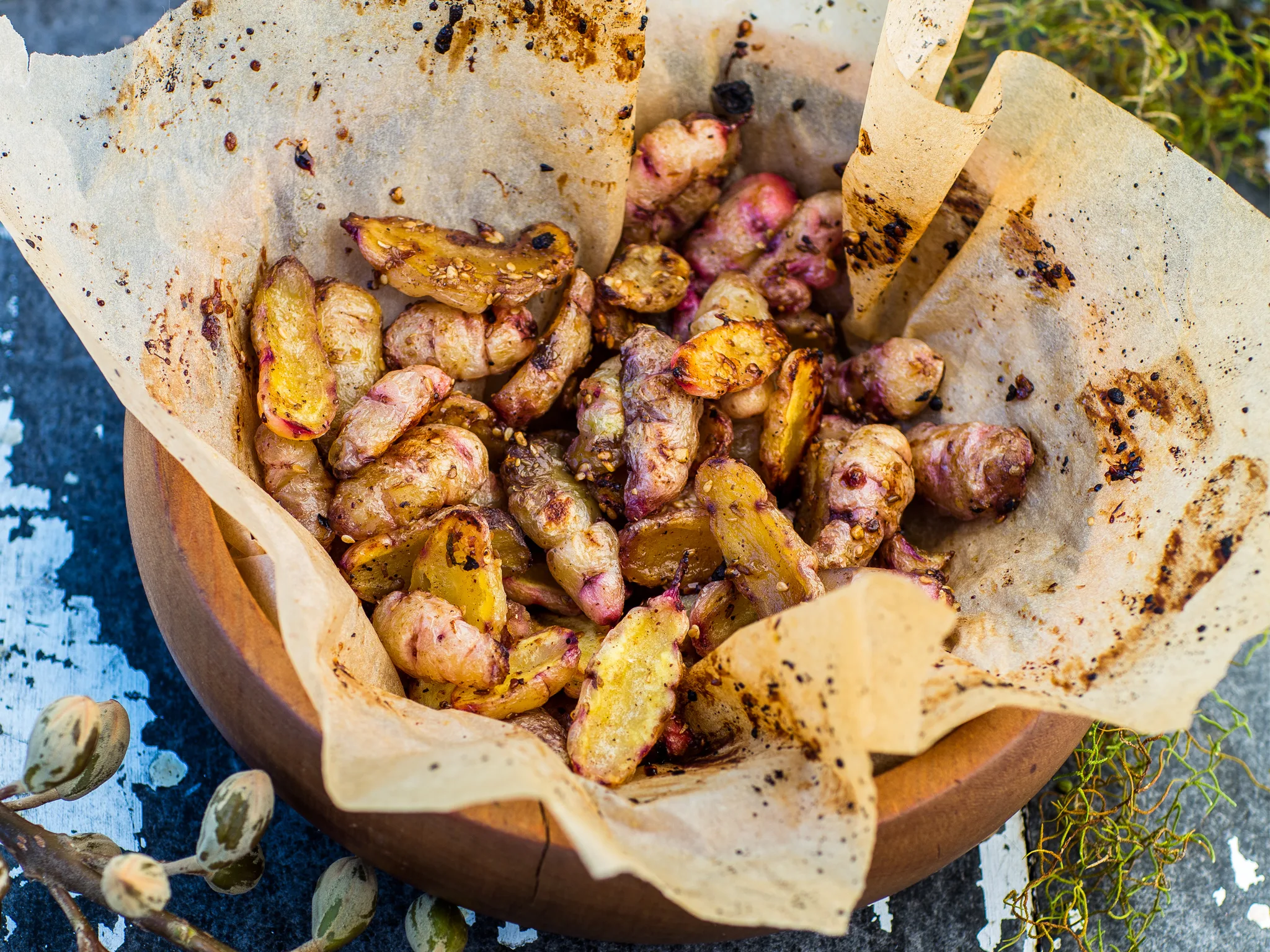 Caramelised roast yams with maple syrup and dukkah