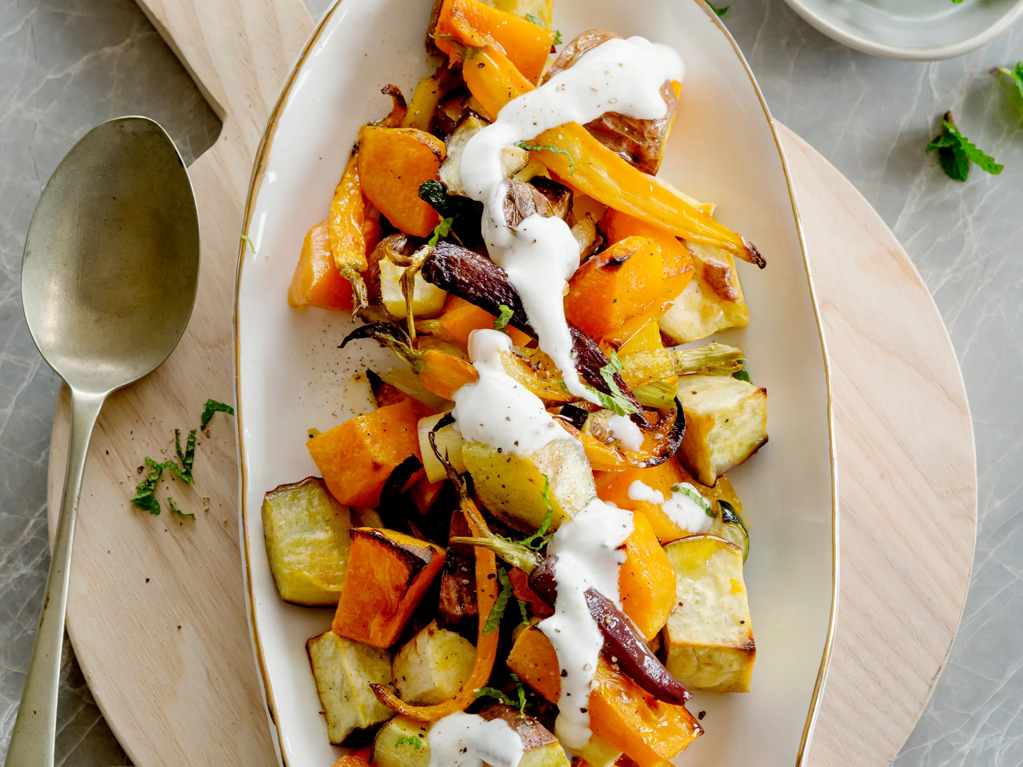 Roasted vegetable salad with coconut, lime and chilli dressing